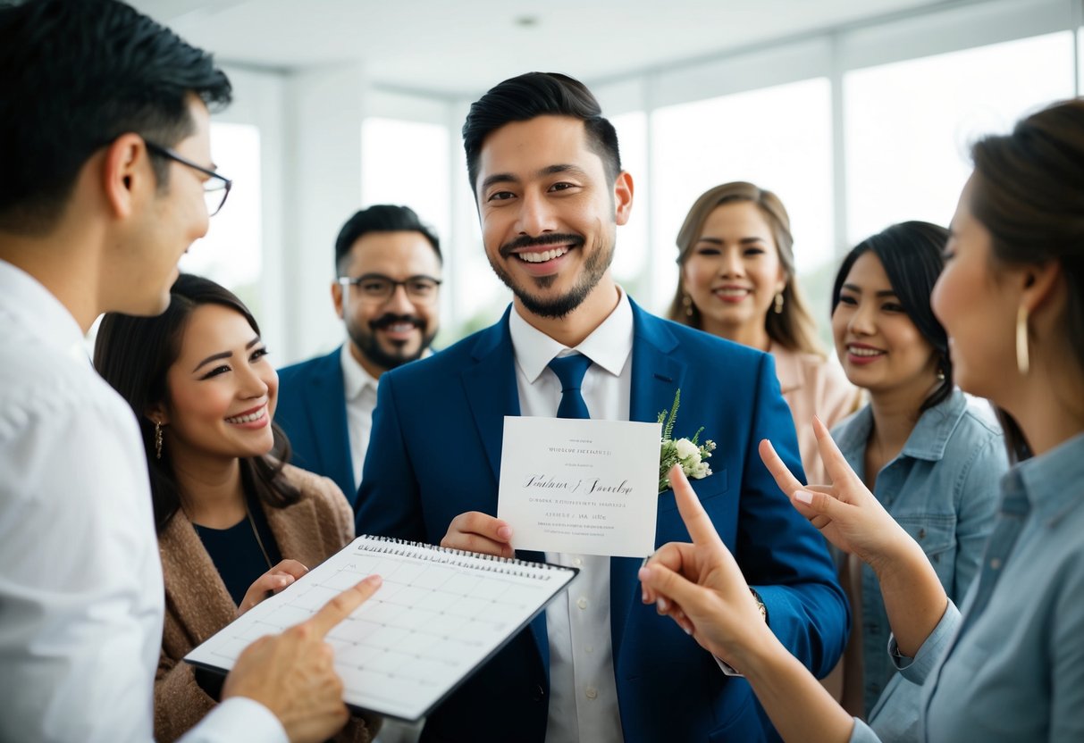 A person holding a wedding invitation and smiling, surrounded by friends and family, gesturing towards a calendar or schedule