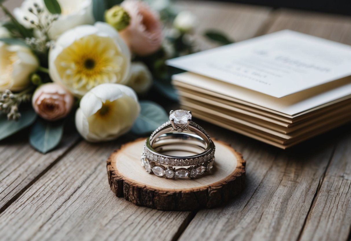 A couple's engagement ring on a rustic wooden table, surrounded by delicate floral arrangements and a stack of elegant wedding invitations