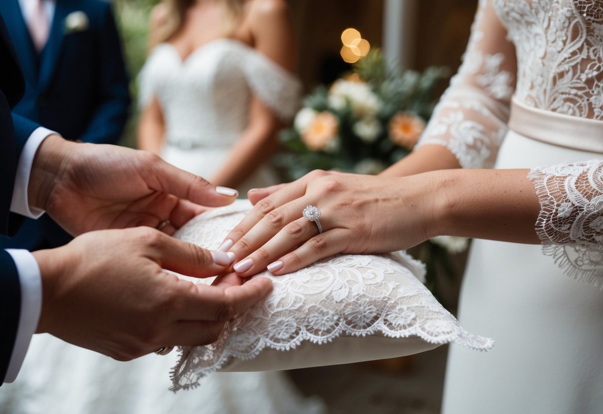 A woman places her engagement ring on a delicate lace pillow next to her wedding band during the ceremony