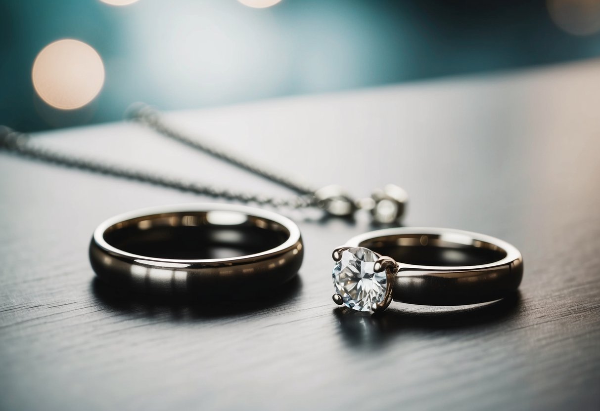 A wedding ring resting on a table beside a necklace and a pair of earrings