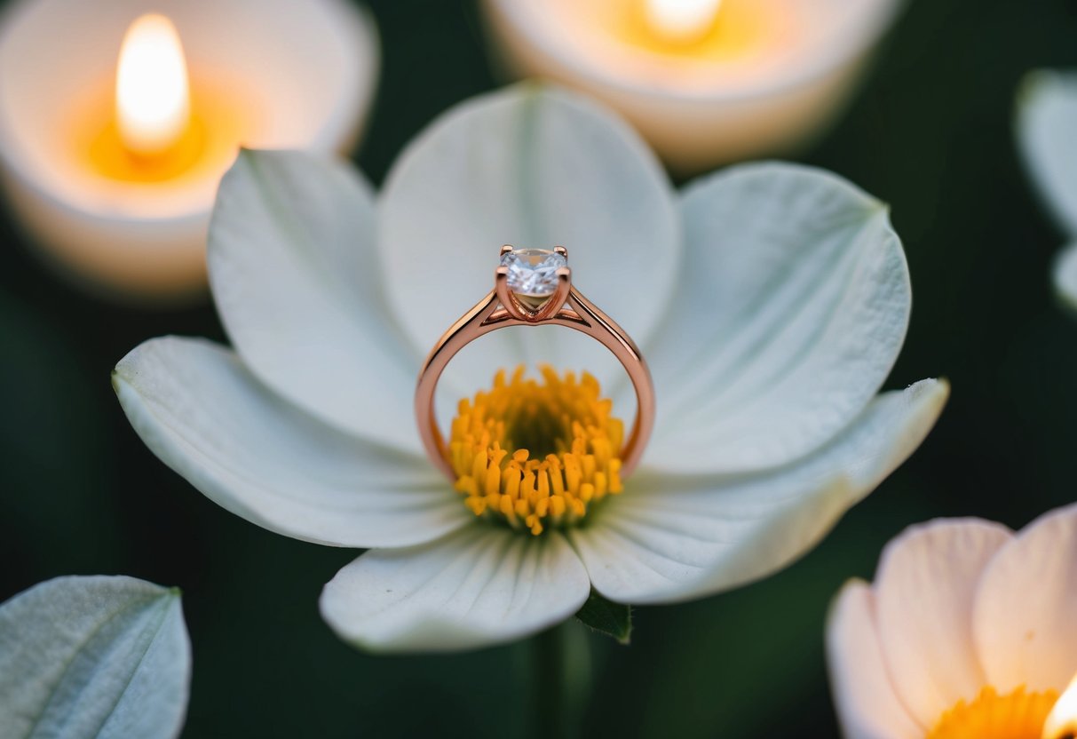 A ring placed on a delicate flower petal, surrounded by soft candlelight