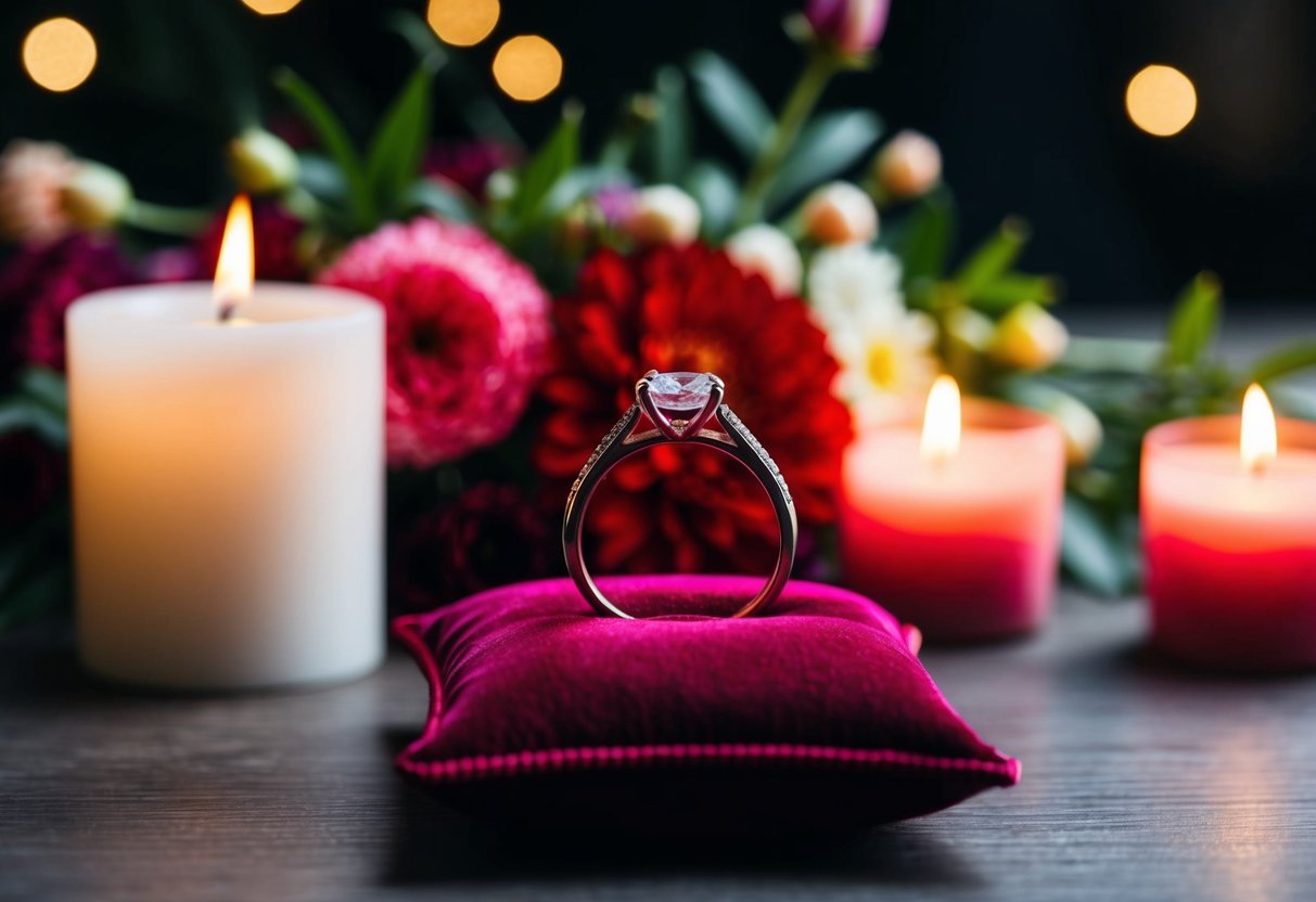 A ring placed on a velvet pillow, surrounded by flowers and candles