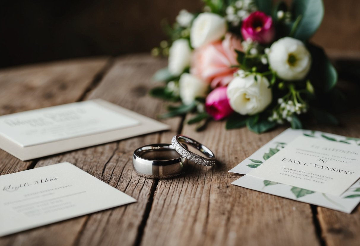 A couple's intertwined rings placed on a rustic wooden table, surrounded by wedding invitations and a bouquet of flowers