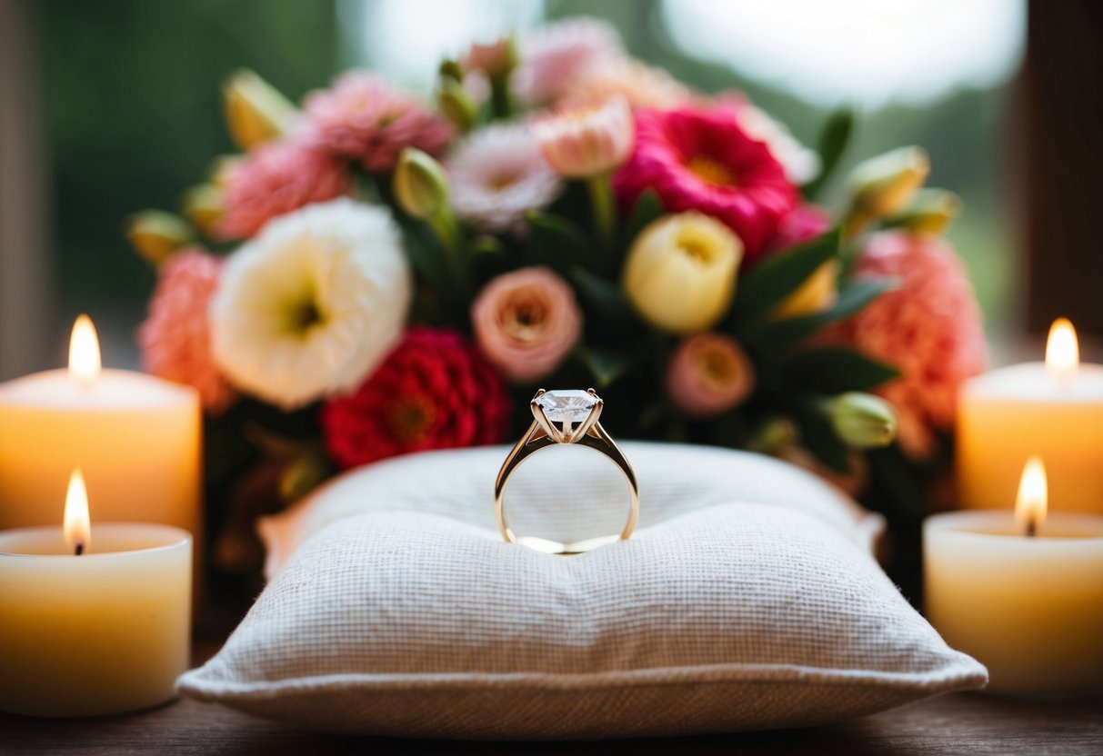 A ring placed on a pillow, surrounded by flowers and candles
