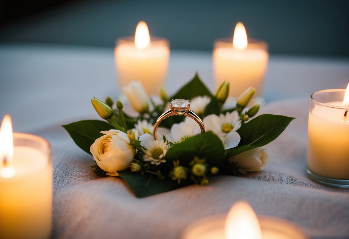 A pair of wedding rings resting on a bed of fresh flowers, surrounded by soft candlelight