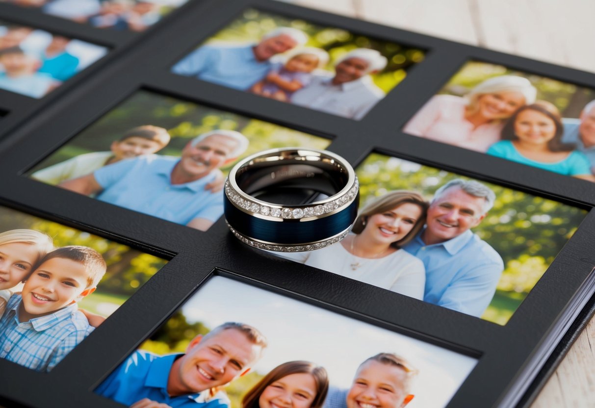 A wedding ring placed on a family photo album, surrounded by smiling faces and happy memories
