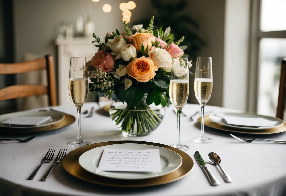 A dining table set for a celebration, with a bouquet of flowers, champagne flutes, and a handwritten note