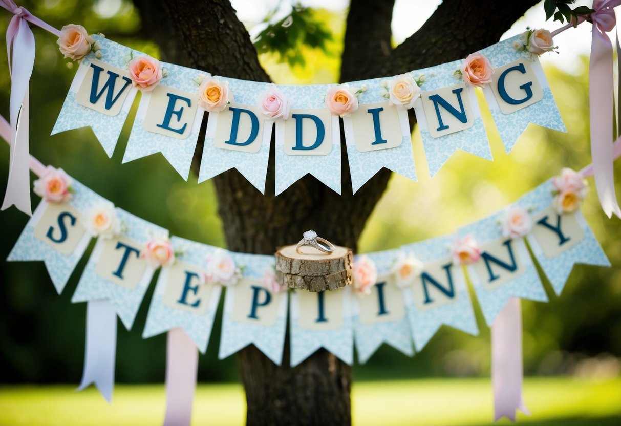 A decorative banner hangs from a tree, surrounded by flowers and ribbons, with a pair of wedding rings displayed in the center