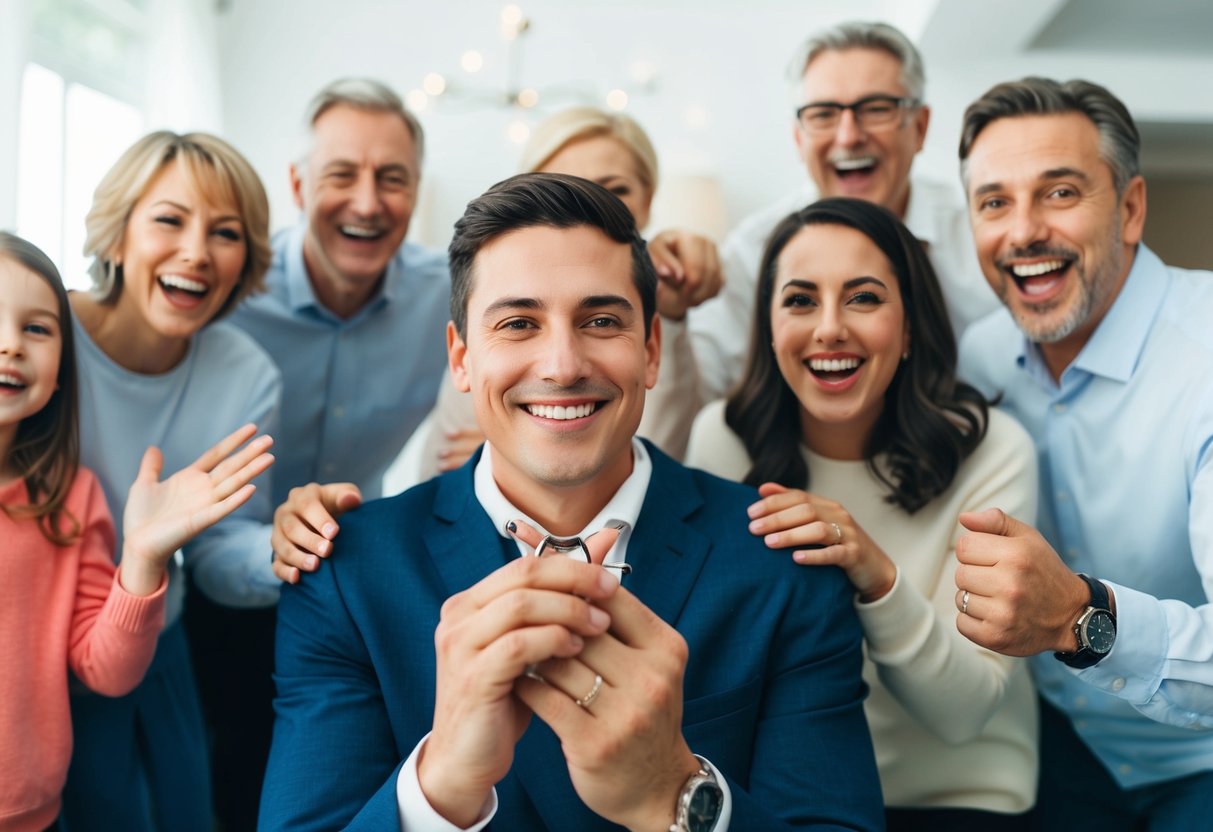 A person holding a ring and smiling, surrounded by excited family members