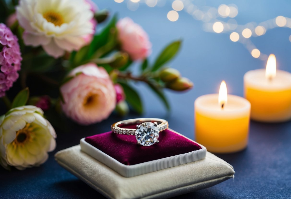 A sparkling diamond ring on a velvet cushion, surrounded by blooming flowers and glowing candles