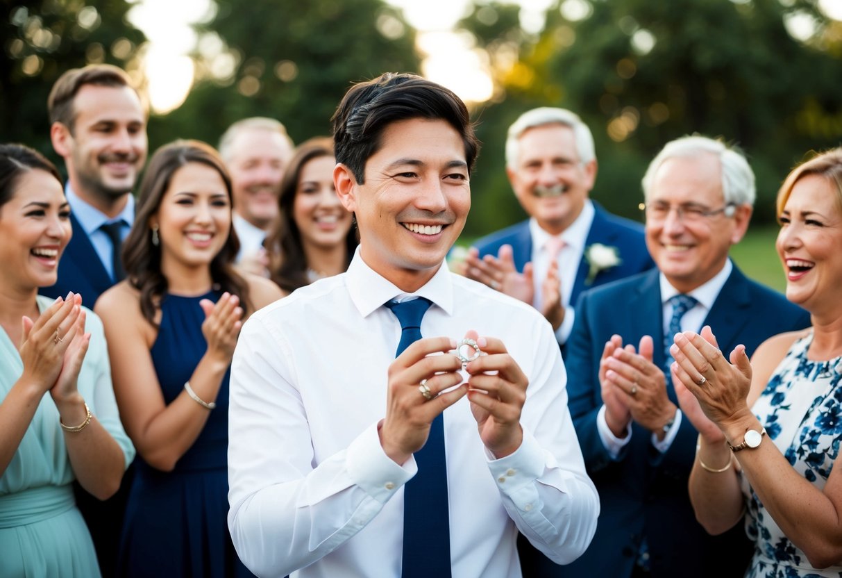 A person holding a ring and smiling, surrounded by friends and family cheering and clapping