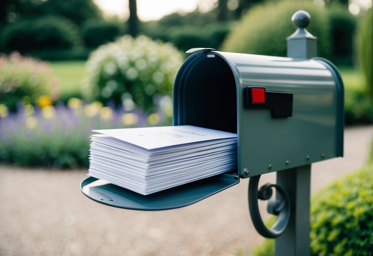 A stack of elegant wedding announcements being placed in a mailbox with a blurred background of a serene garden