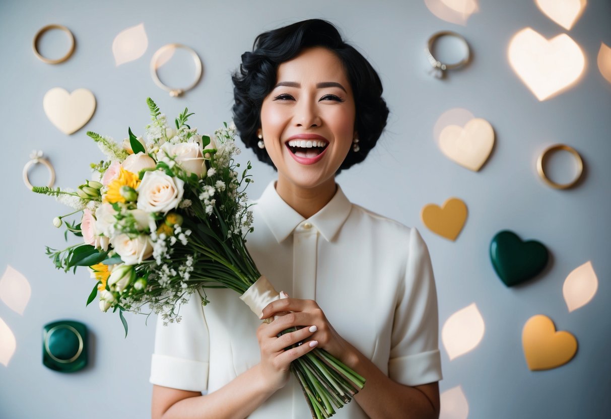 A person holding a bouquet of flowers with a joyful expression, surrounded by traditional wedding symbols such as rings, hearts, and wedding attire