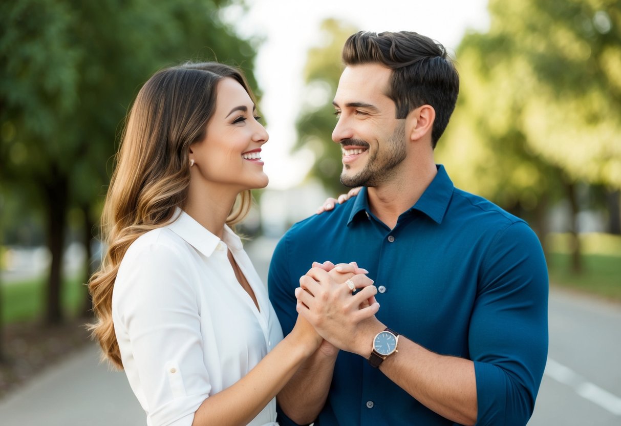 A couple standing close, smiling, and holding hands, with a ring on the woman's finger