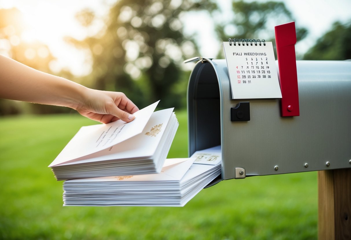 A stack of elegant wedding invitations being placed into a mailbox, with a calendar showing the date of the wedding highlighted