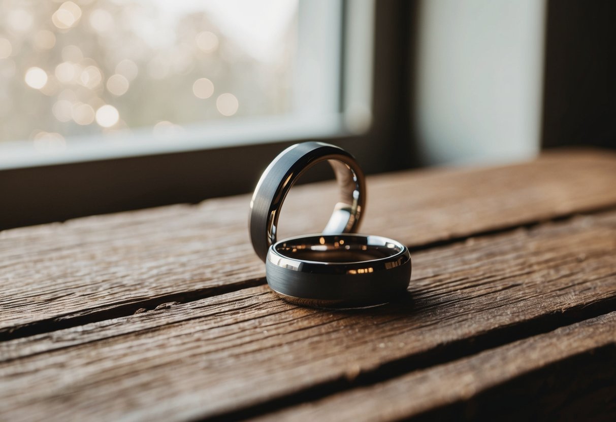 A pair of elegant wedding rings placed on a rustic wooden surface with soft natural lighting streaming in from a nearby window