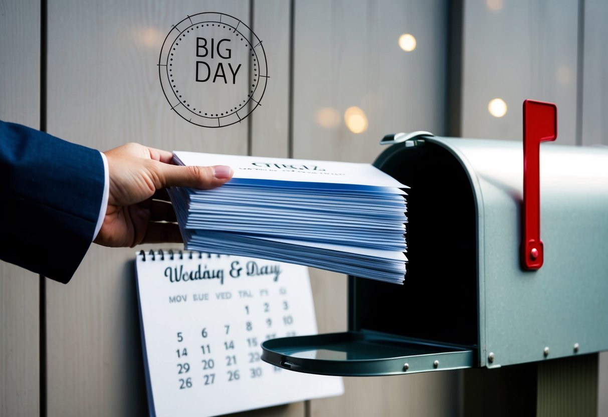 A stack of wedding announcements being placed into a mailbox with a calendar showing the date of the "Big Day" circled in the background
