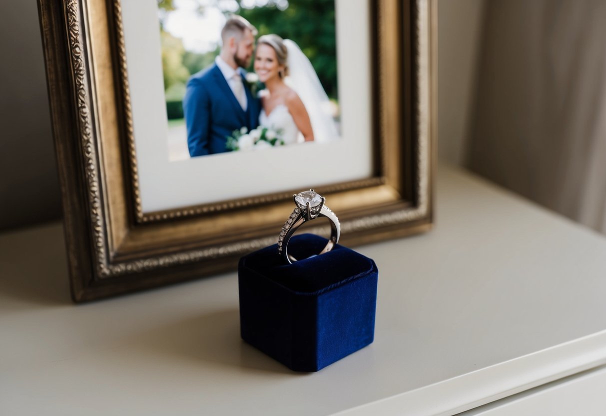 A ring on a dresser, next to a framed wedding photo