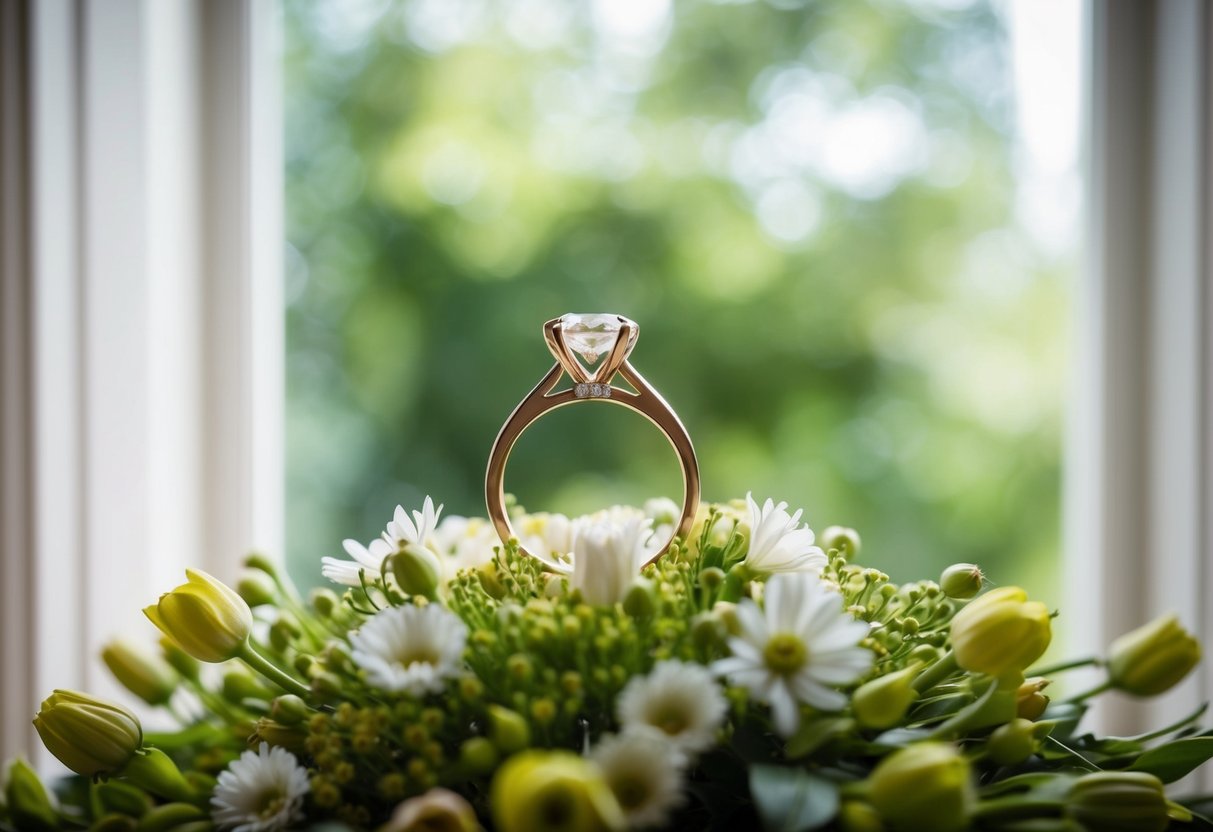A pair of wedding rings placed on a bed of fresh flowers, with soft natural lighting streaming in through a window
