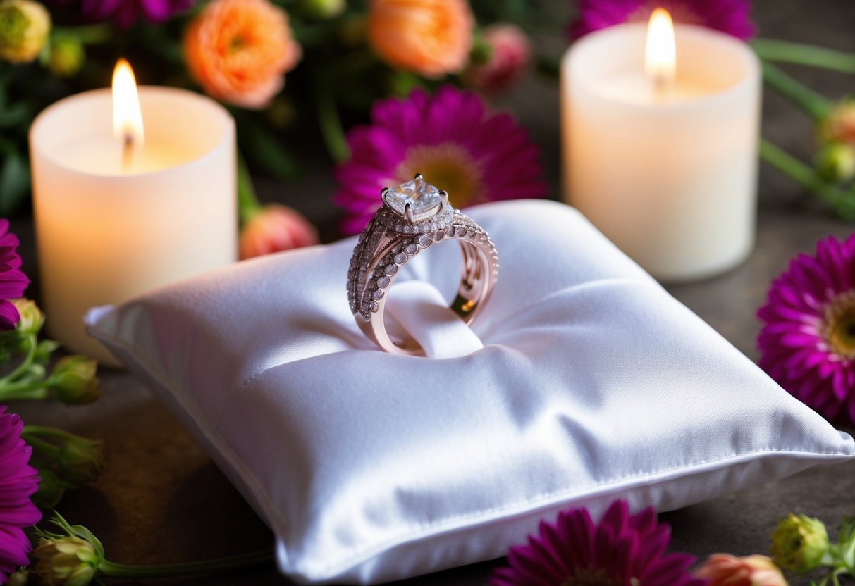 A beautifully decorated wedding ring placed on a white satin pillow, surrounded by vibrant flowers and soft candlelight