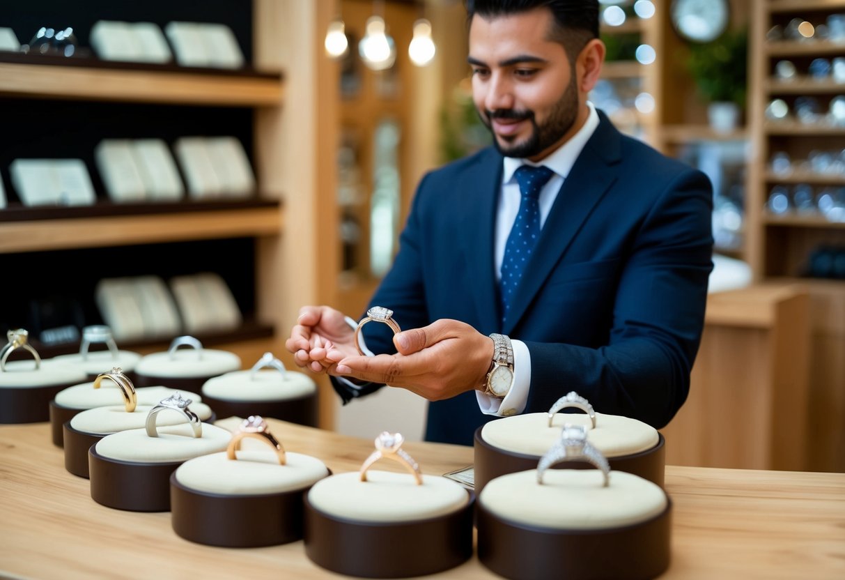 A jeweler presenting various wedding bands to a customer in a cozy, well-lit shop