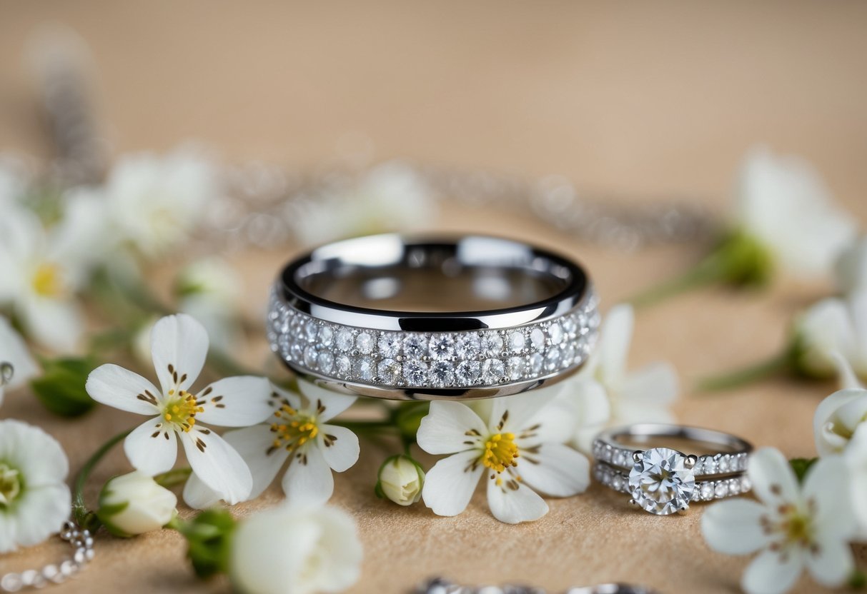 A sparkling wedding band rests on a bed of delicate flowers, surrounded by elegant jewelry options