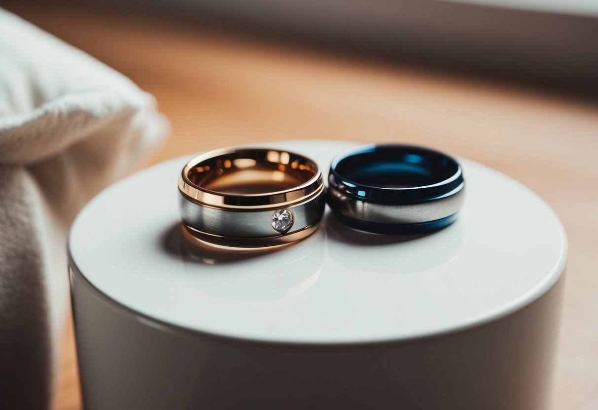 Two wedding rings resting on a shared nightstand
