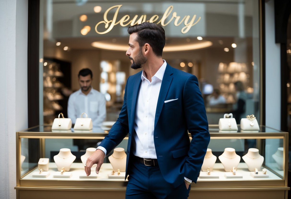 A man standing in front of a jewelry store, looking at the display of wedding rings