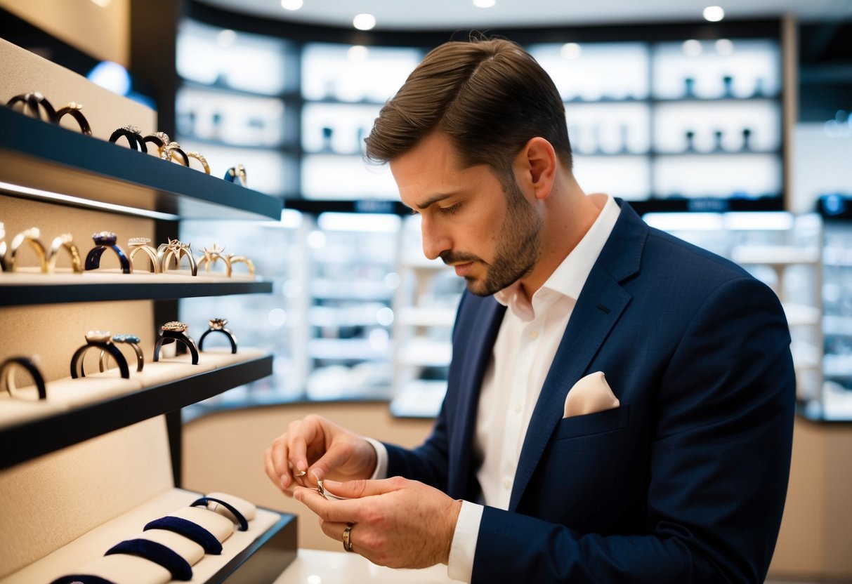 A man browsing wedding rings in a jewelry store, examining different styles and materials