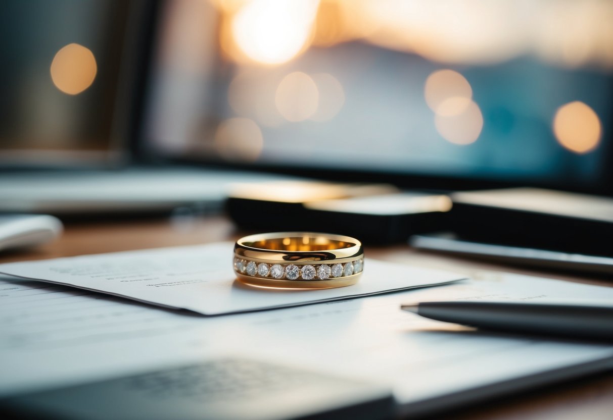 A gold wedding band resting on a cluttered desk