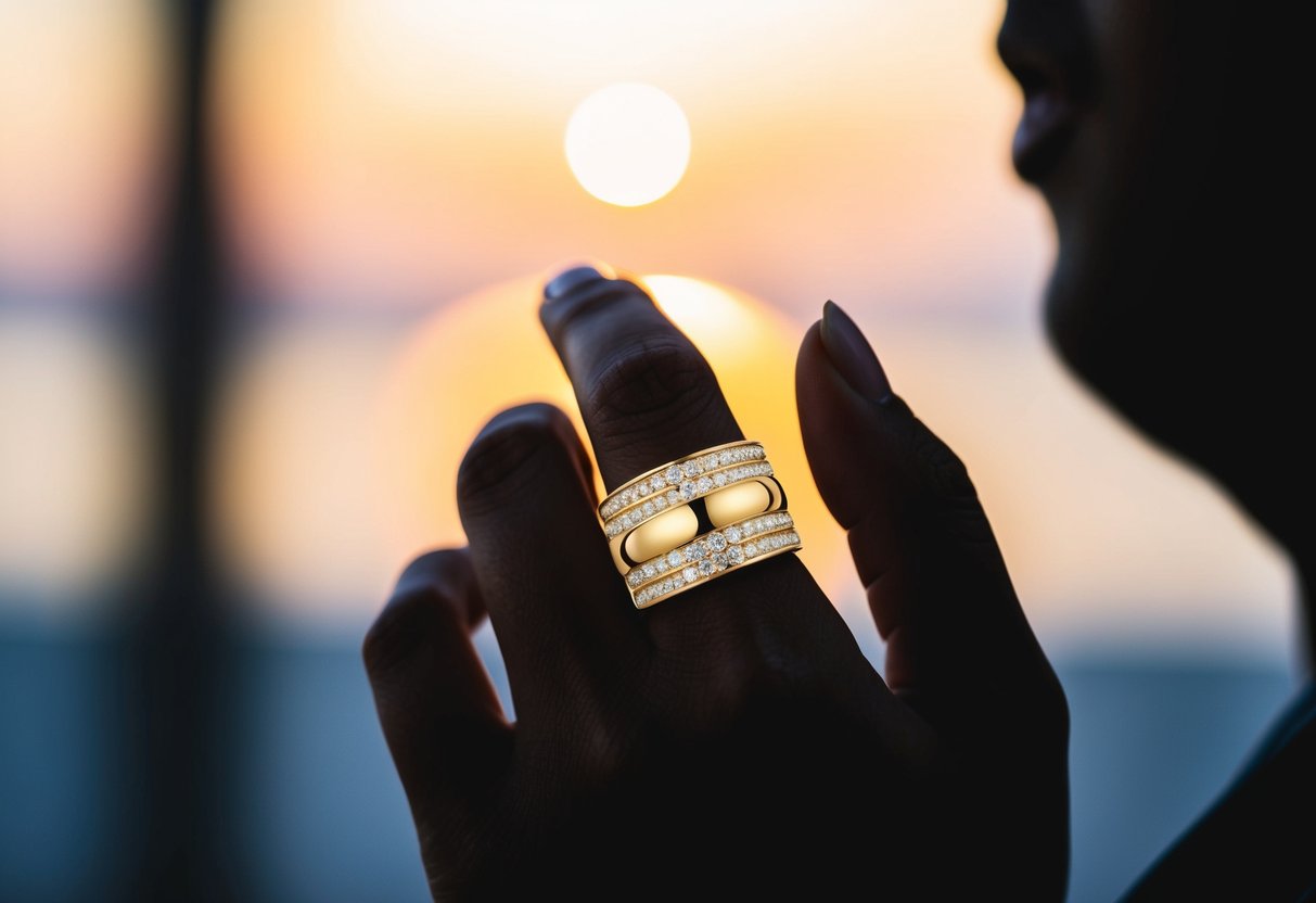 A gold band on the left ring finger of a person's silhouette
