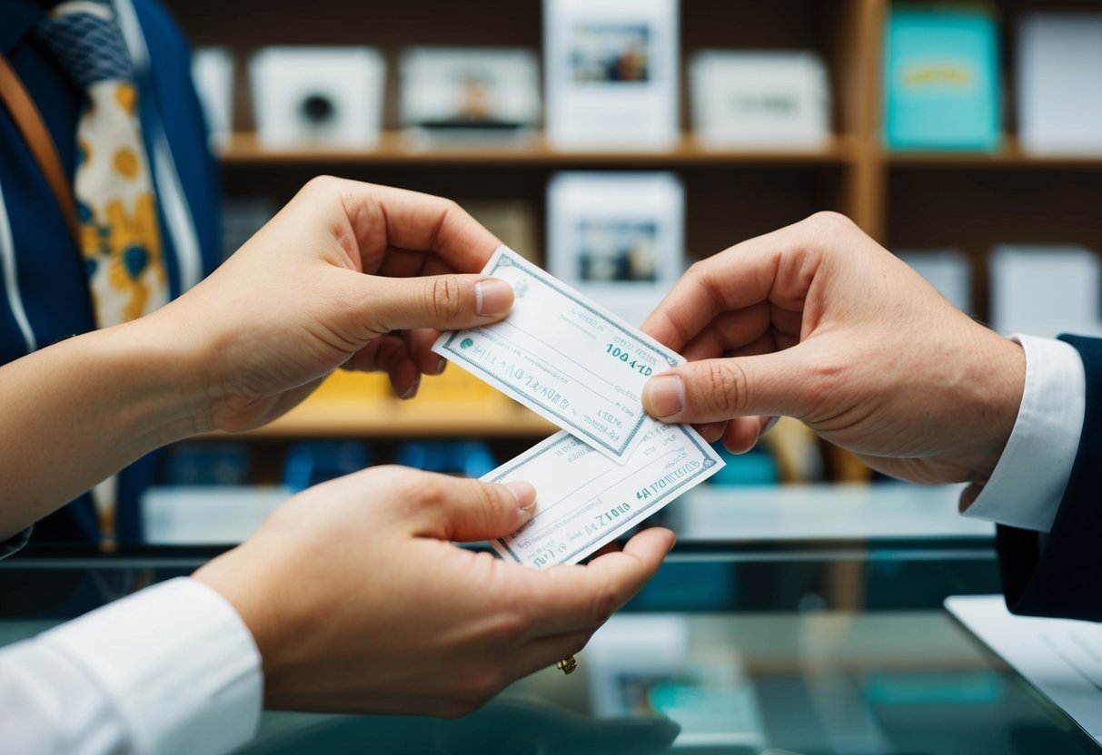 A couple's hands exchanging payment for wedding announcements at a stationary shop counter