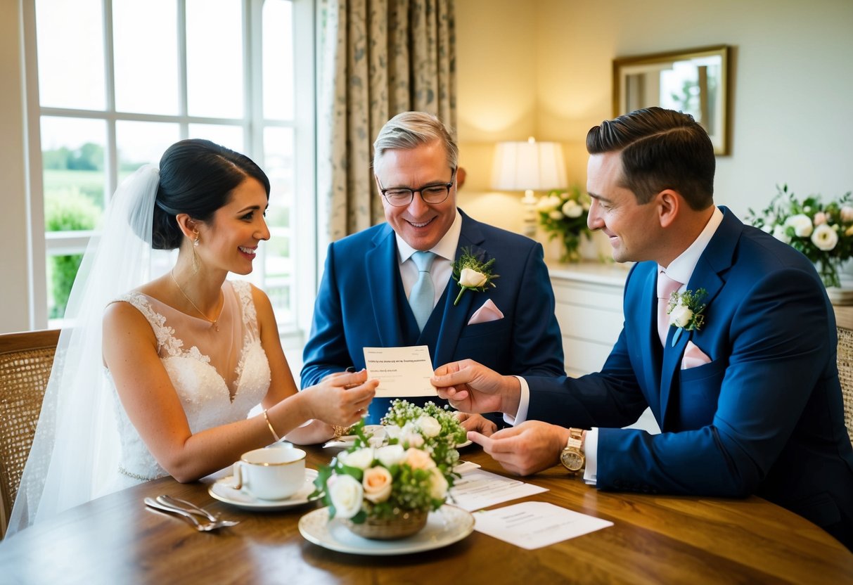 A bride and groom's families discuss and exchange payment for wedding announcements at a cozy dining table