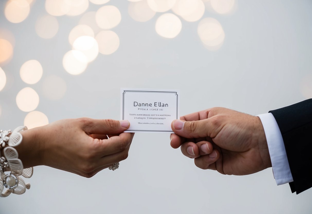 A couple's hands exchanging wedding announcements with a blank background
