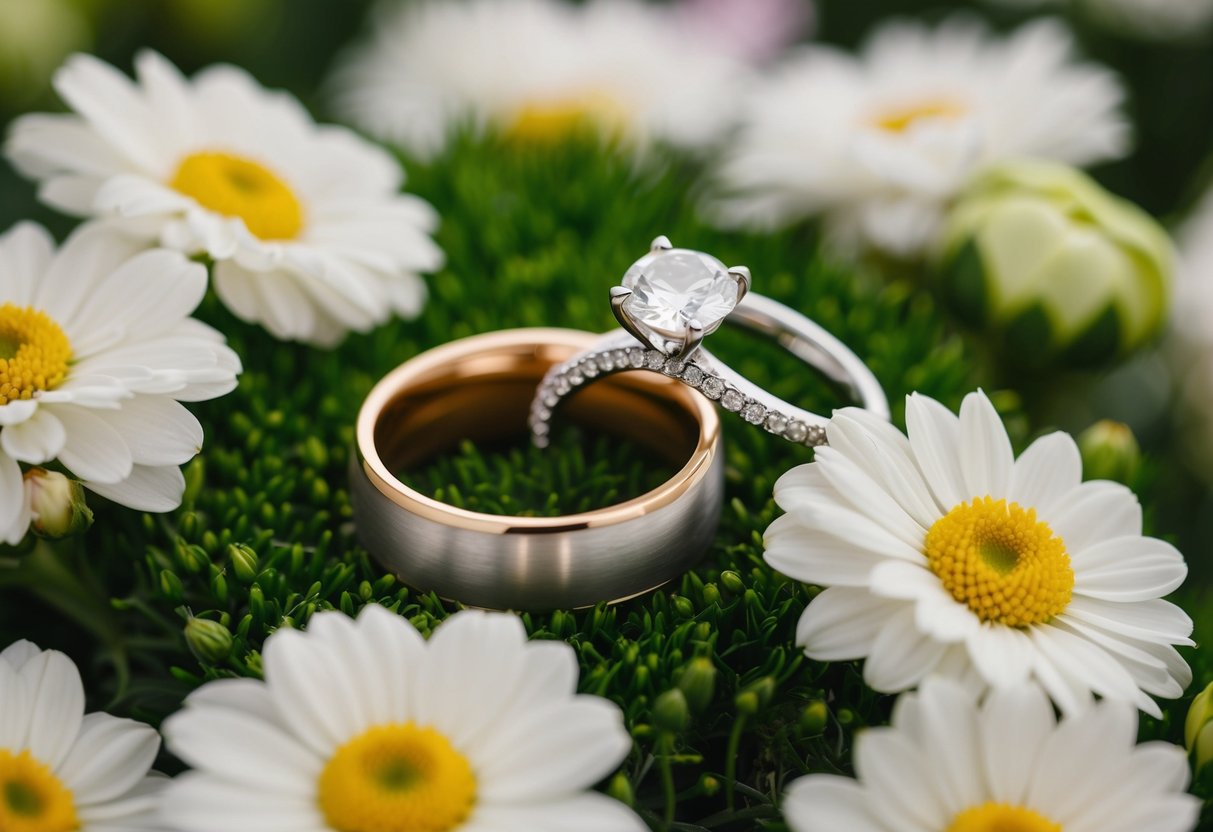 A pair of elegant wedding rings placed on a bed of fresh flowers