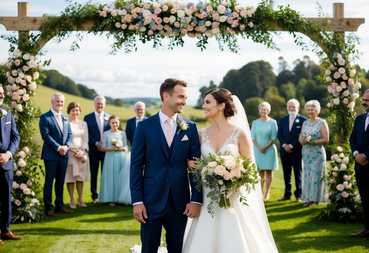 A bride and groom standing under a floral arch, surrounded by family and friends, with a picturesque outdoor backdrop
