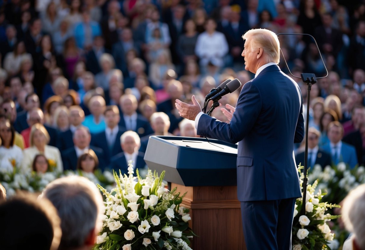 A figure stands at a podium, surrounded by flowers and decor, addressing a gathered crowd
