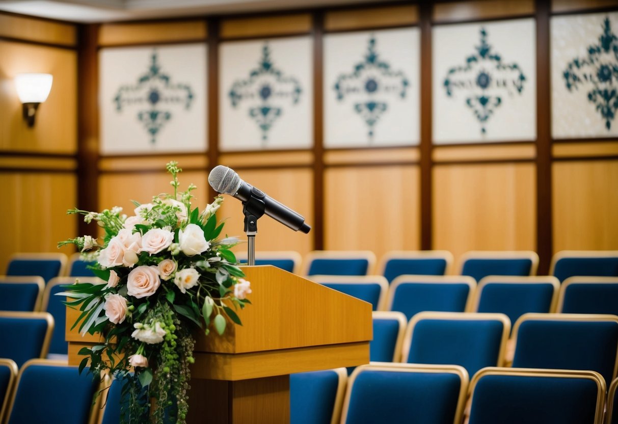 A microphone stands on a podium adorned with flowers, facing rows of seating. A decorative sign with elegant lettering hangs above