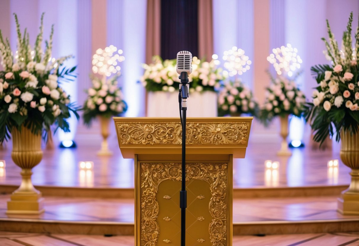 A microphone on a decorated podium in the center of a grand ballroom, surrounded by elegant floral arrangements and twinkling lights