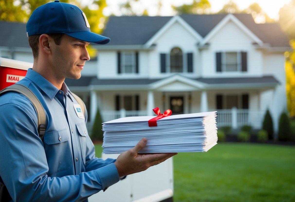 A mail carrier delivers a stack of wedding invitations to various households
