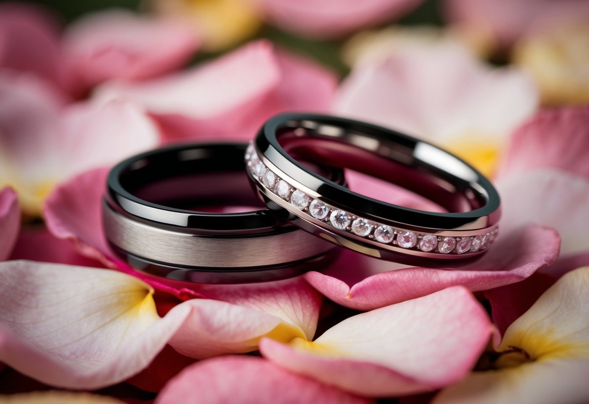 A pair of interlocked wedding rings resting on a bed of rose petals