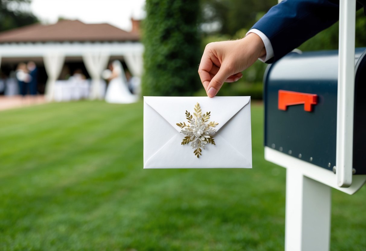 A beautifully decorated envelope being placed in a mailbox, with a wedding venue in the background
