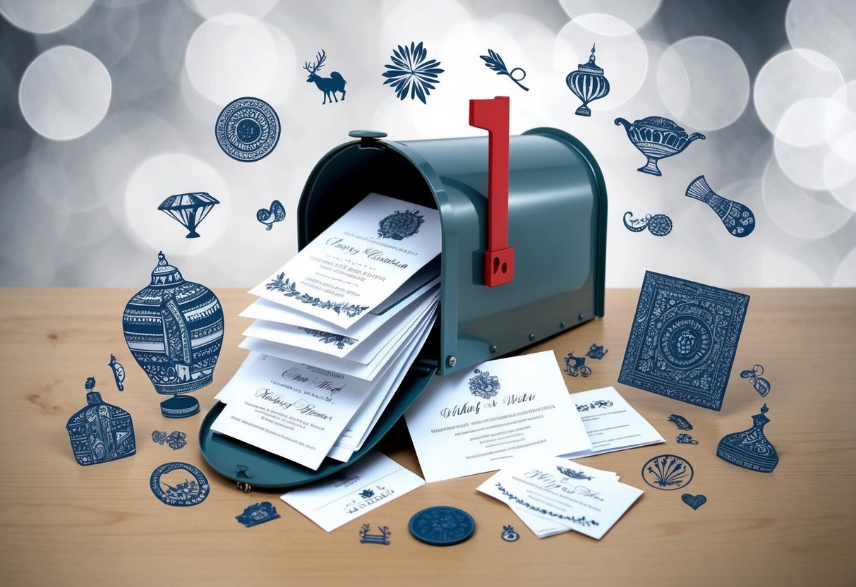 A pen and ink drawing of a mailbox overflowing with wedding invitations, surrounded by various unique objects and symbols representing different cultural traditions