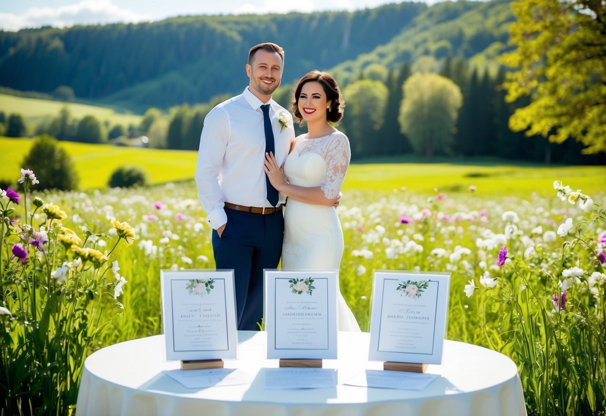 A couple stands in a sunlit meadow, surrounded by blooming flowers and a picturesque landscape. A table with elegant wedding announcement samples is displayed in the foreground