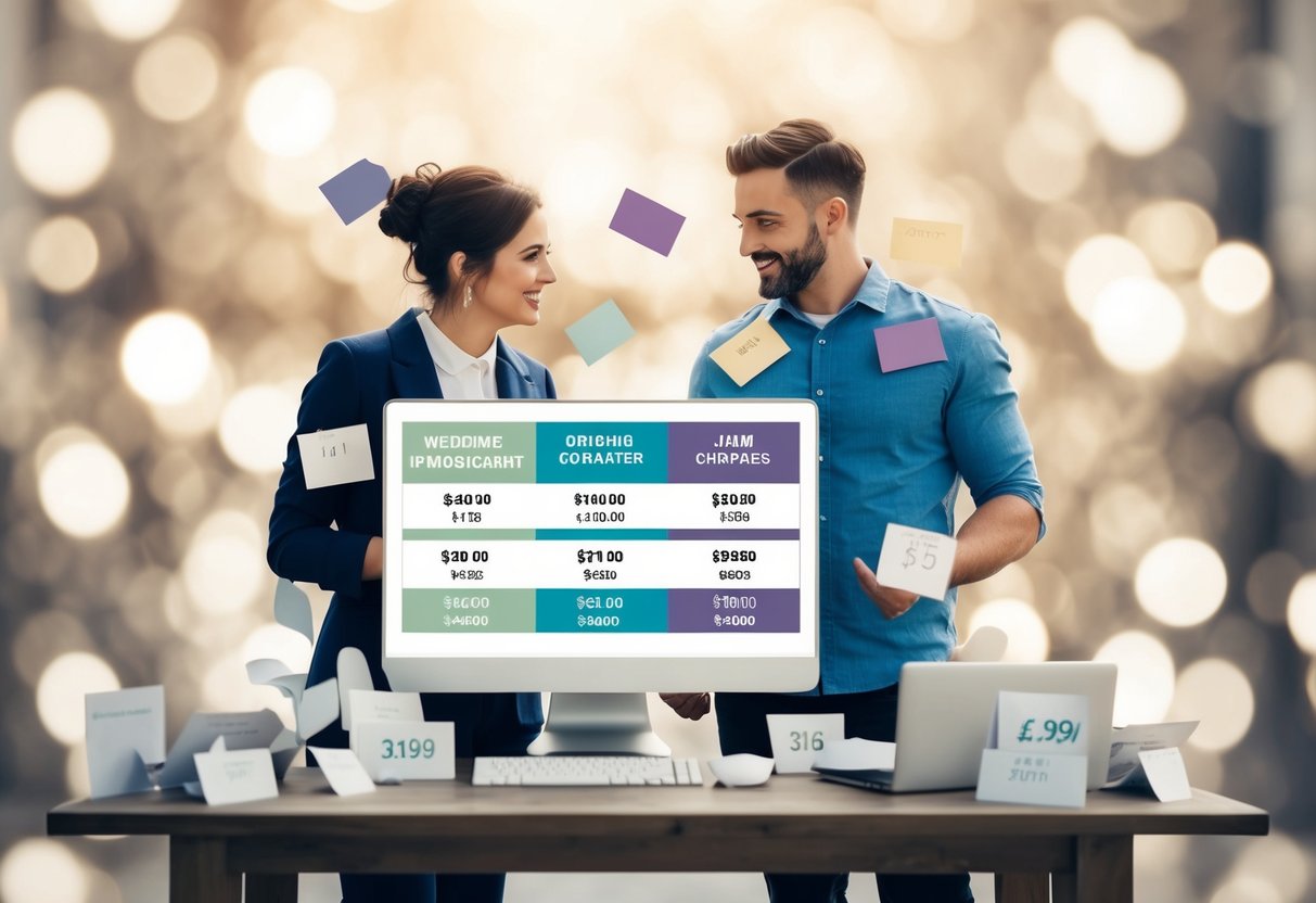 A couple stands in front of a computer, comparing prices on different wedding announcement platforms. They are surrounded by various options and price tags