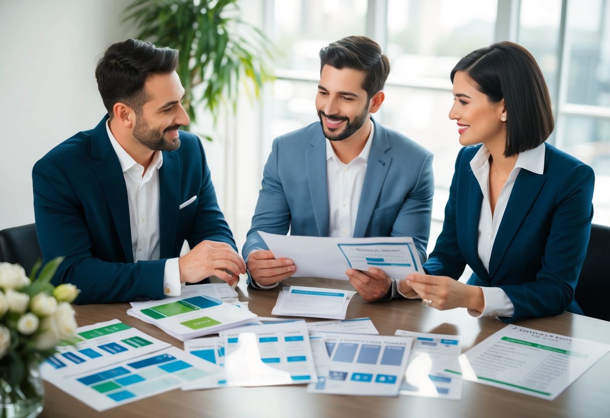 A couple sitting at a table, surrounded by wedding announcement samples and pricing sheets, discussing options with a consultant