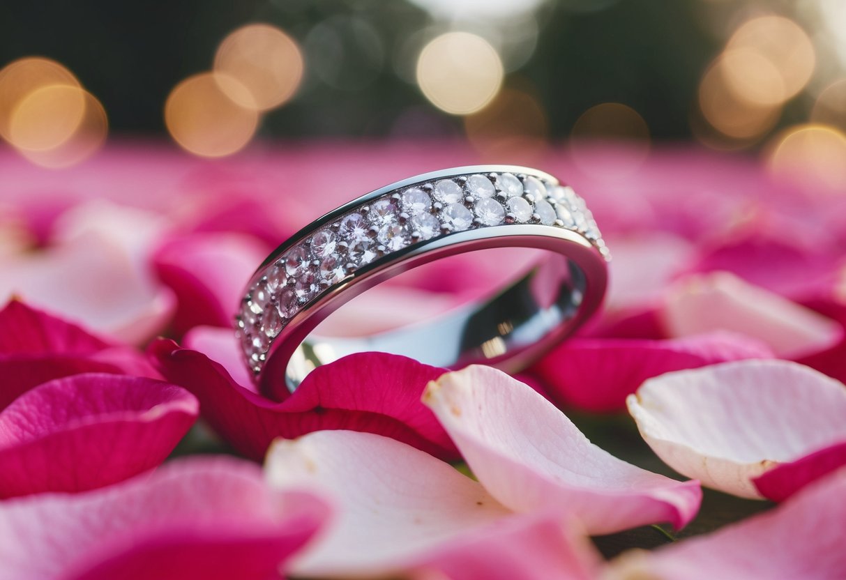 A sparkling wedding band resting on a bed of rose petals