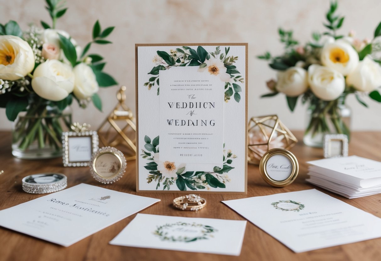 A beautifully designed wedding announcement surrounded by elegant stationery items