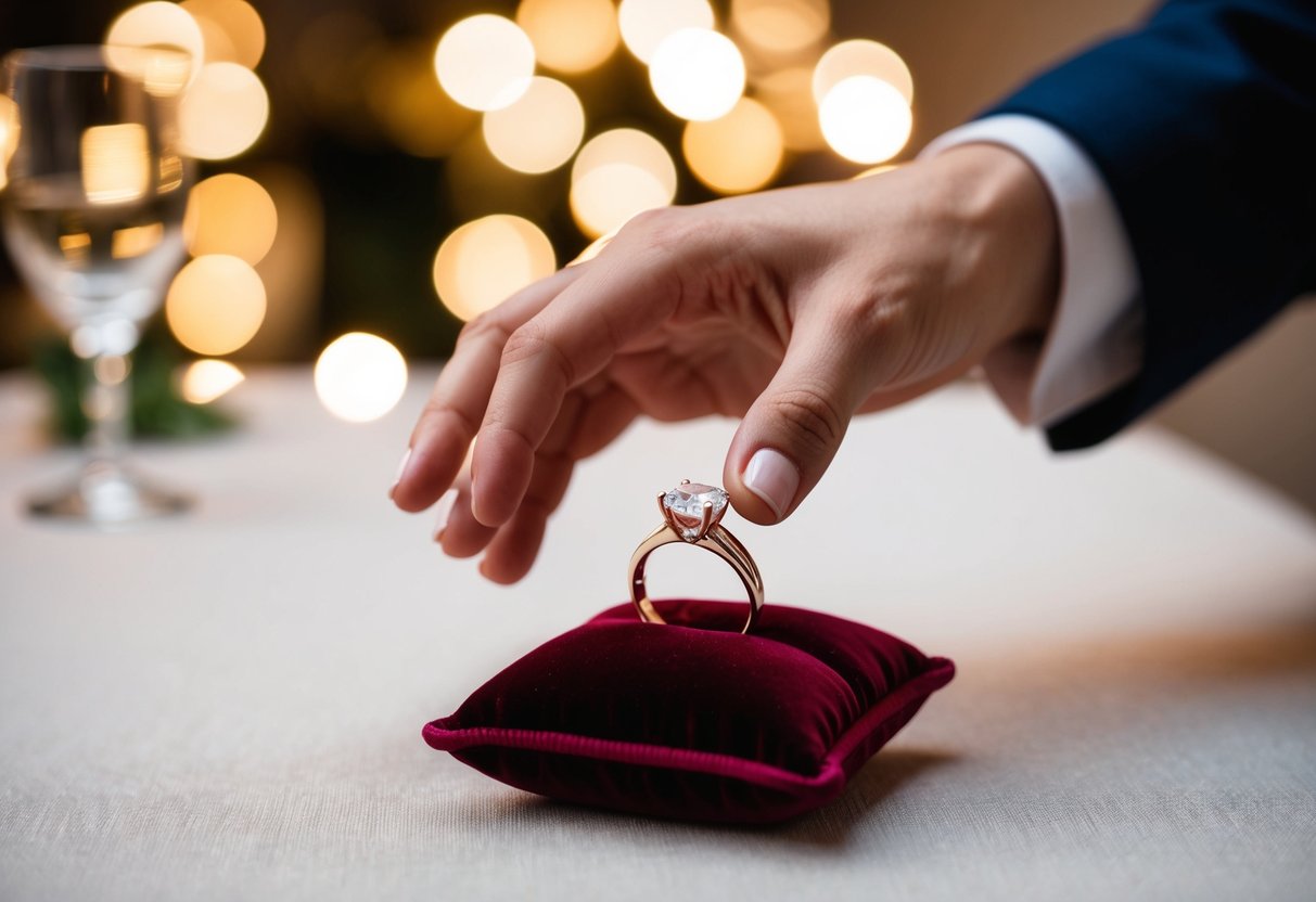 A hand reaching out to present a wedding band on a velvet cushion, with soft lighting and a romantic atmosphere