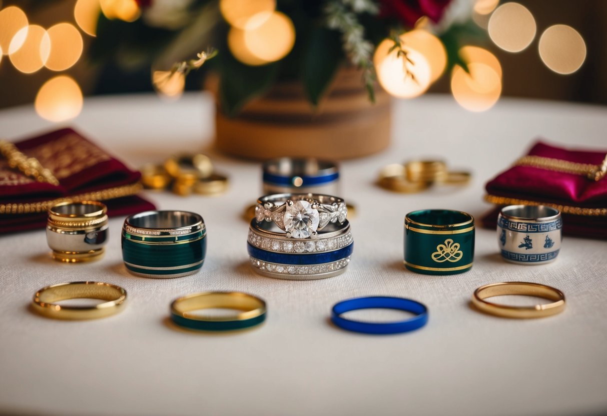 A table set with various wedding bands, surrounded by symbols of different customs and traditions